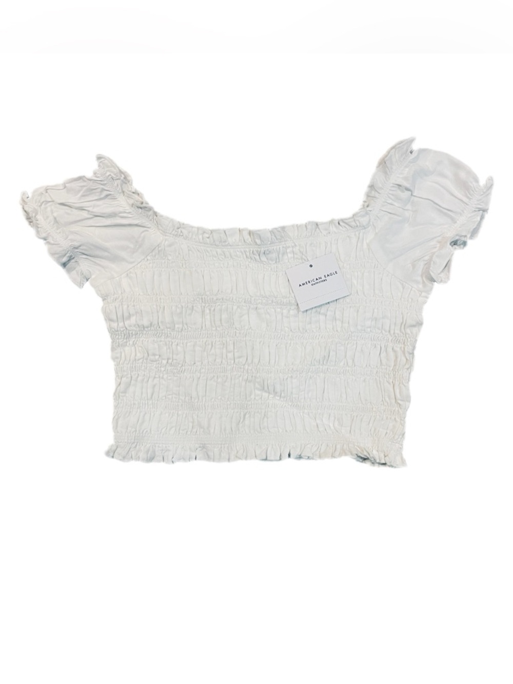 NWT AE White Puff Sleeve Ruffle Smocked Blouse Crop Concert Top Cottagecore S